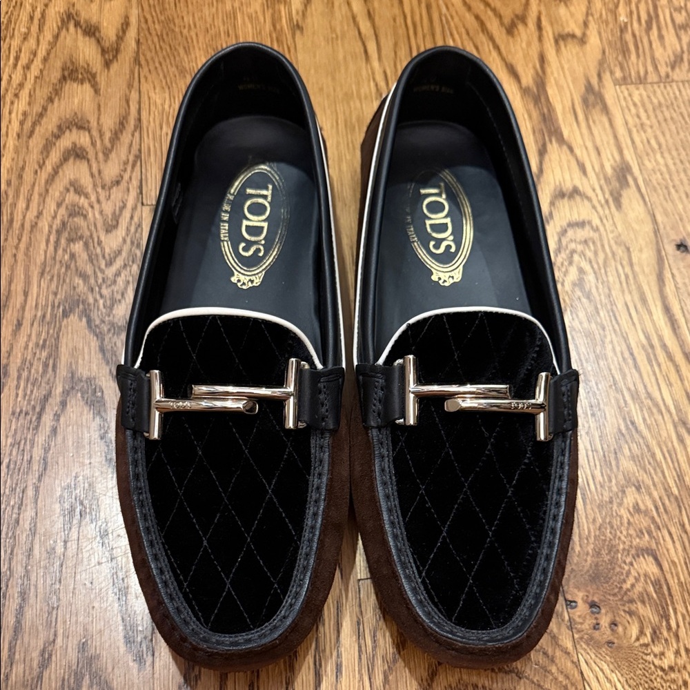Tod's Black/Brown Velvet Loafers with Silver Accent